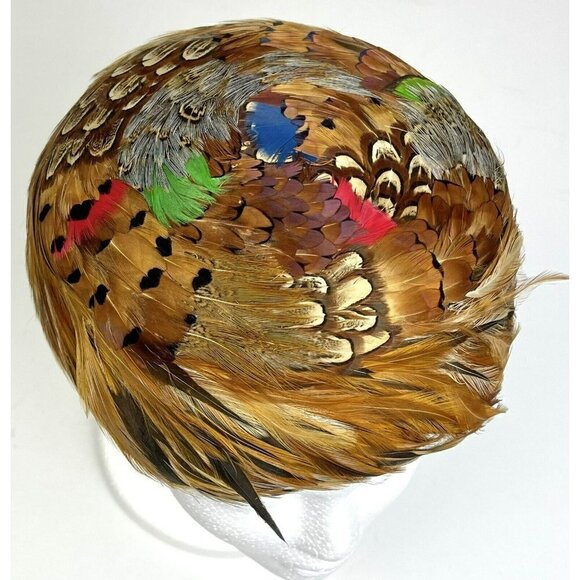 VTG Womens Genuine PHEASANT FEATHER Mid-Century Fascinator PILLBOX HAT EUC - Picture 4 of 6